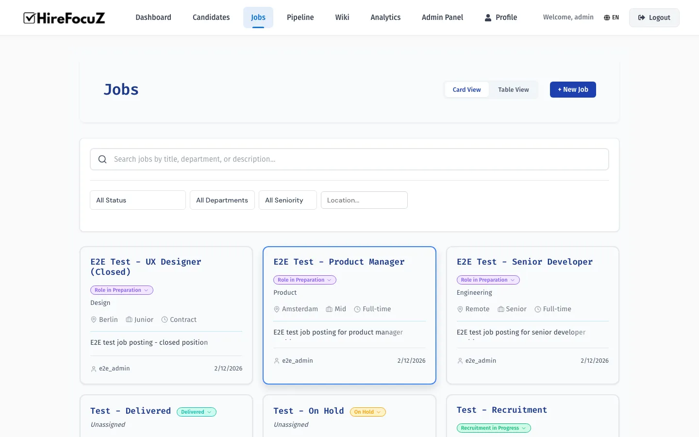 HireFocuZ jobs pipeline view with status cards showing open, in-progress, and filled positions with candidate counts